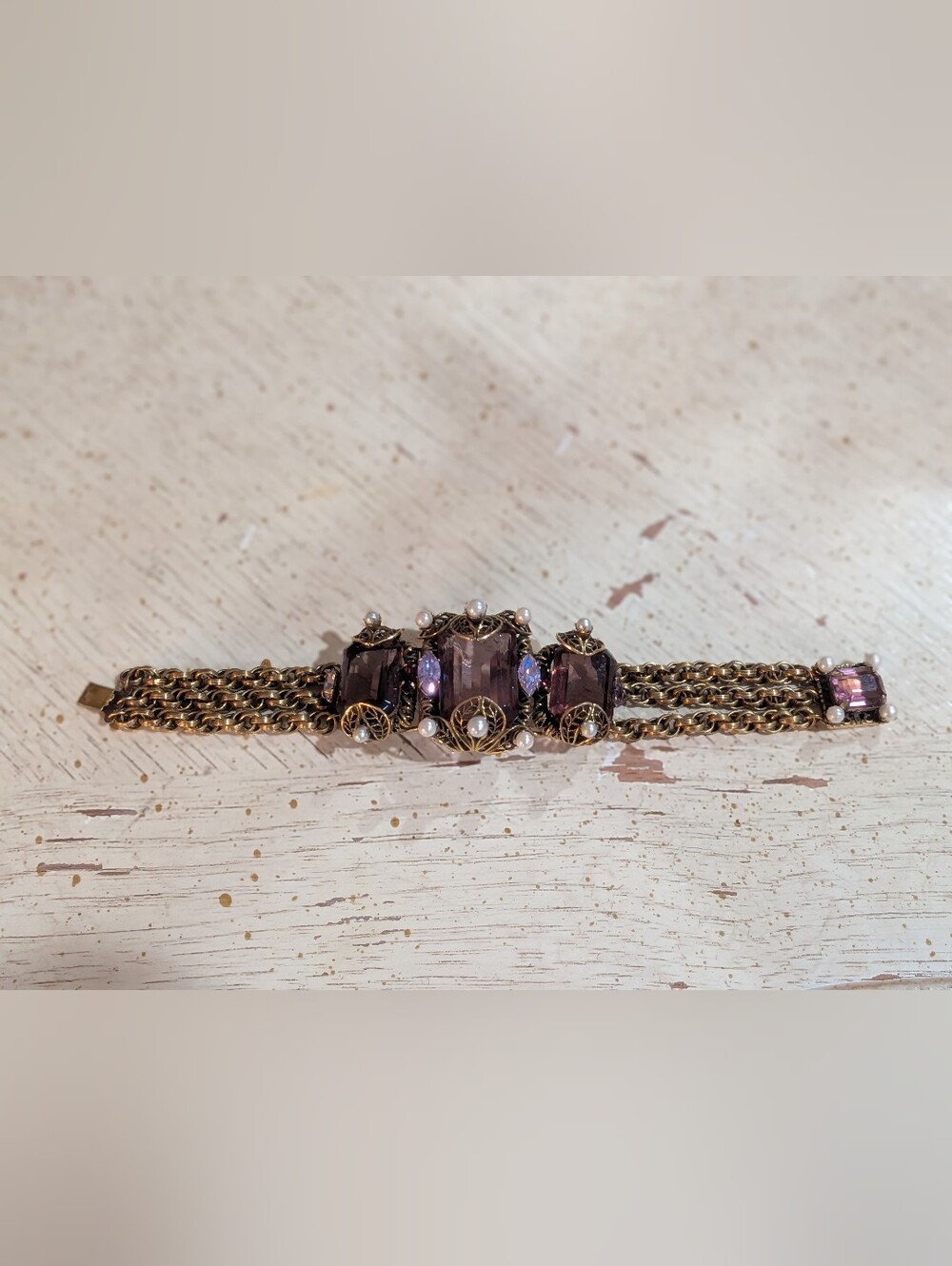 Rare Czech Antique 1940's Purple Crystal Filigree Bracelet with Pearls